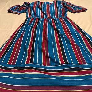 Vintage MOD 70s Bedford Fair Striped Midi Dress  Puff Sleeve, Jewel Tones Small